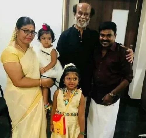 Velmurugan With His Wife, Daughters, and Rajinikanth