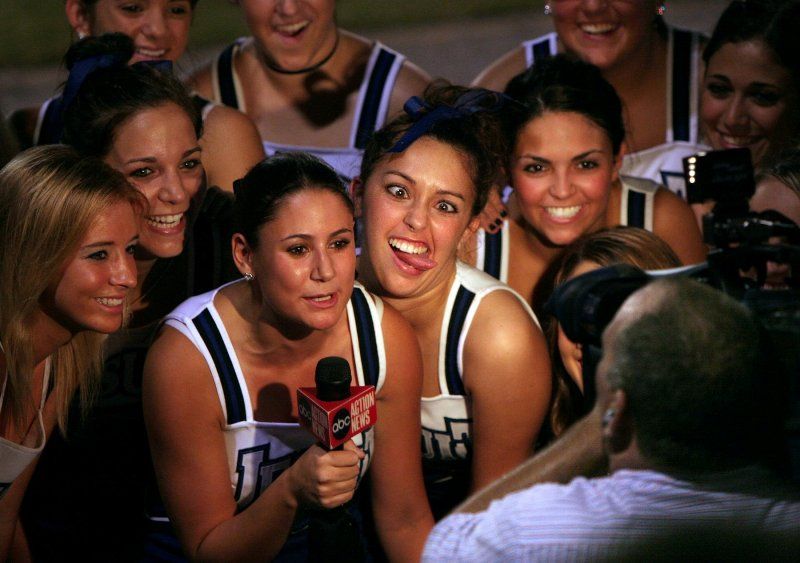 Kayleigh McEnany (far left) as a cheerleader for Academy of the Holy Names Catholic high school in Tampa, Fla., in 2005