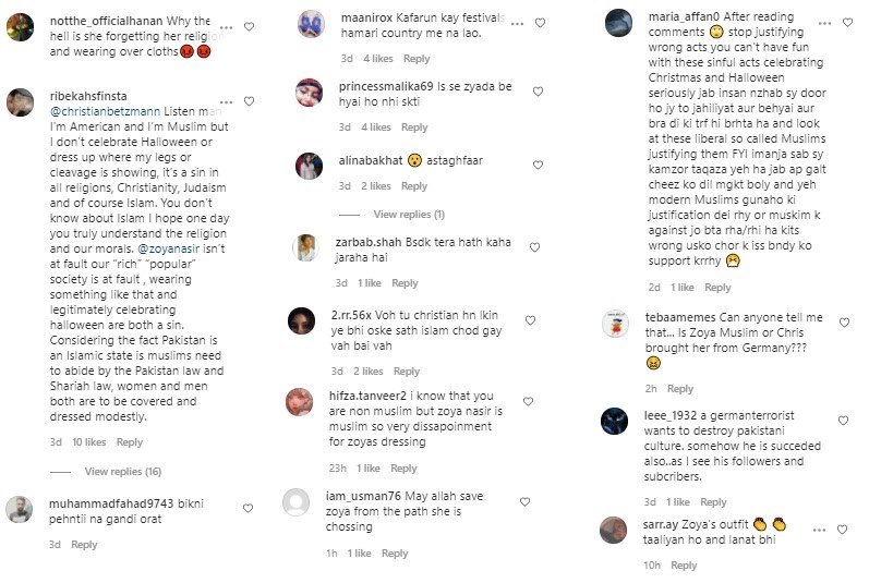 Hate comments under Zoya Nasir and Christian Betzmann's Instagram Post