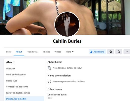 Caitlin Burles' name according to her old Facebook account