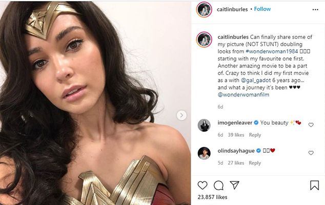 Caitlin Burnes in an Instagram post talking about her doubling look from Wonder Woman 1984 (2020)