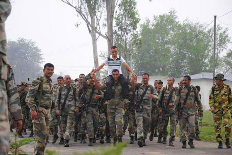 Deependra Singh Sengar lifted on the shoulder by his former troopmates
