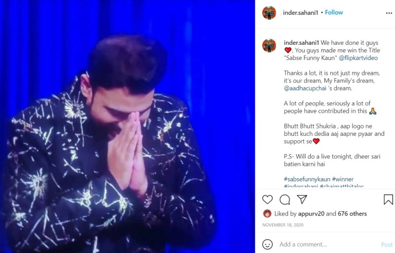 Inder Sahani's Instagram post about winning Sabse Funny Kaun?