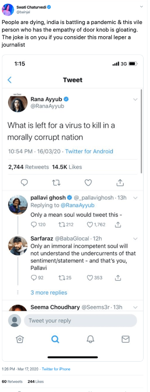 Swati Chaturvedi's Twitter screenshot of an argument with Auyyb Rana in 2020